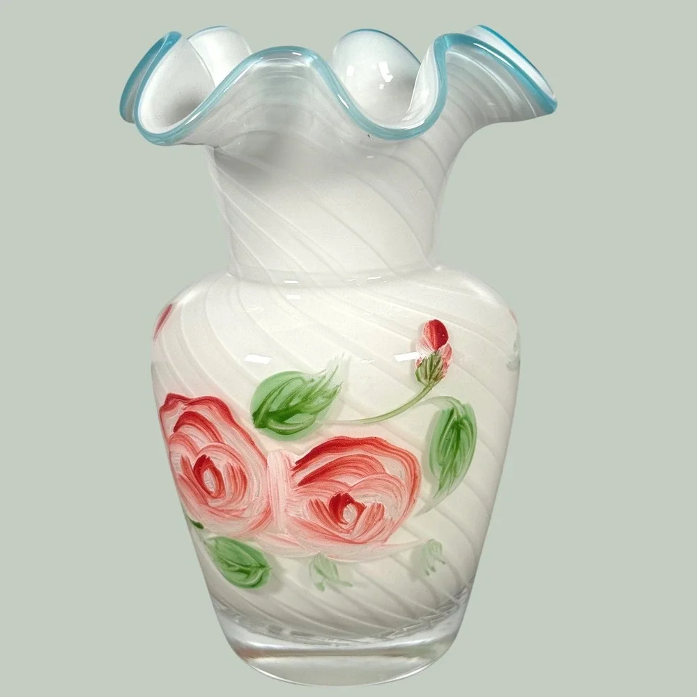 Fenton Cabbage Rose Opalescent Swirl Glass Vase Ruffled Blue Crest 6.5